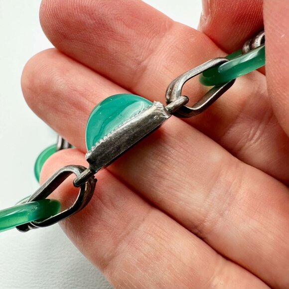 VIntage Napier Sterling Silver Green Czech Glass Bracelet 6.5 Inch - Picture 4 of 5